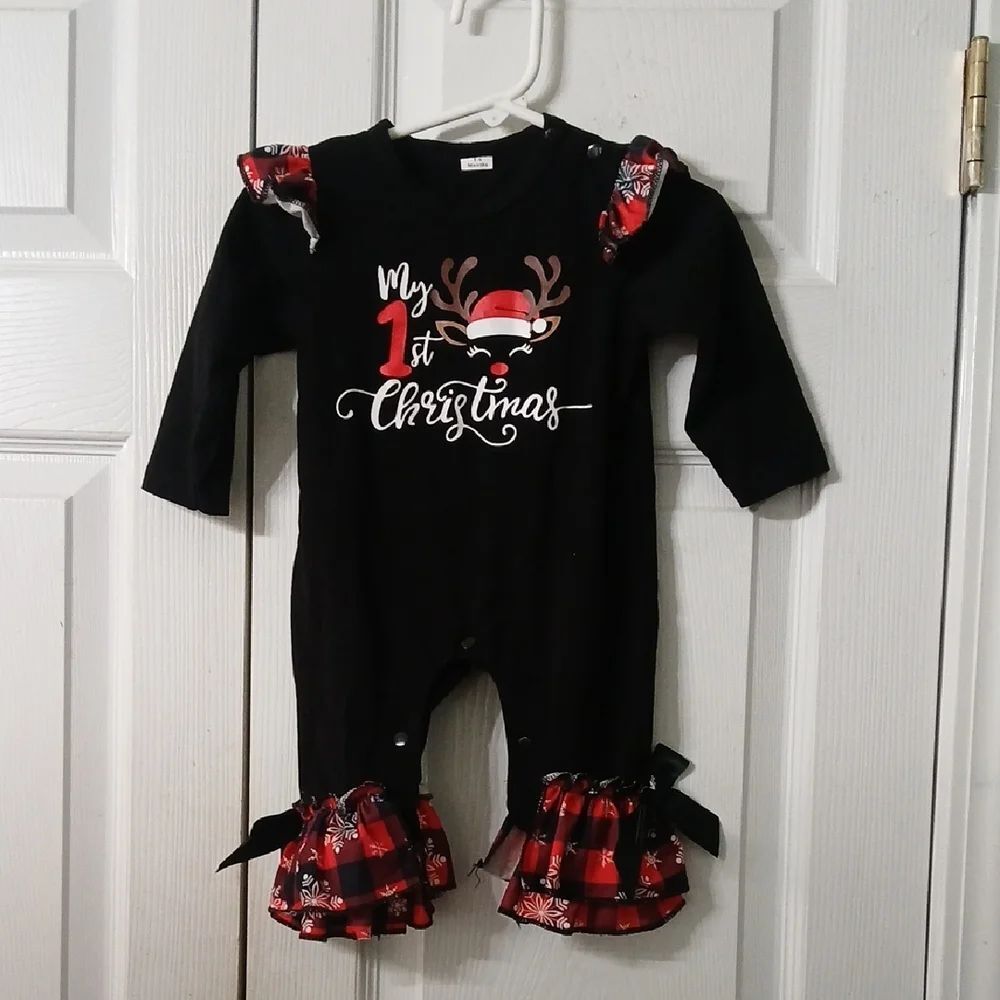 My 1st Christmas Black Christmas Baby Romper Red Plaid Accents Sz 3-6 month NWOT